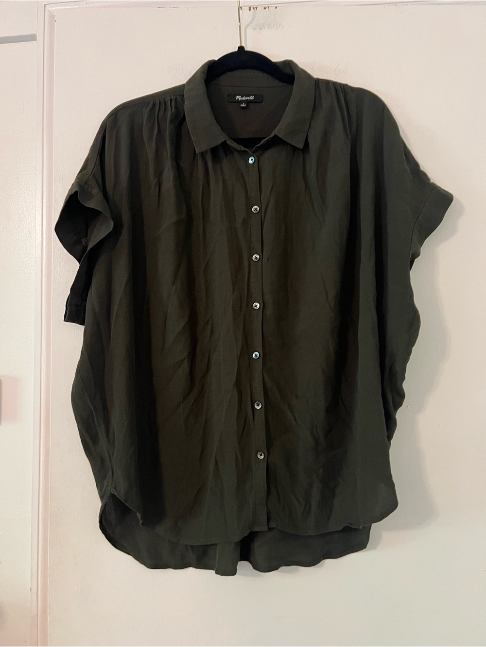 Madewell Relaxed Button-Front Short-Sleeve Shirt in Olive Green size L (Y100)